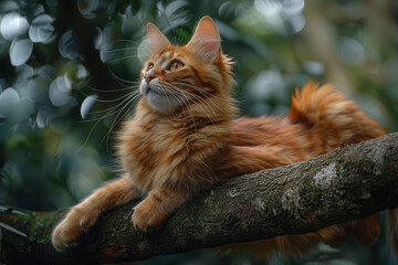Aufkleber - A Somali cat with its lithe build, bushy tail, and ticked coat, perched alertly on a tree branch in a lush forest,
