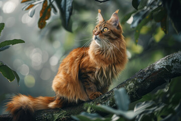 Aufkleber - A Somali cat with its lithe build, bushy tail, and ticked coat, perched alertly on a tree branch in a lush forest,