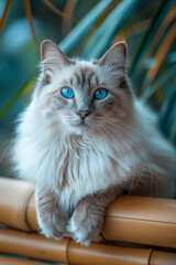 Aufkleber - A Balinese cat with its long, slender body, silky coat, and vivid blue eyes, lounging elegantly on a bamboo mat,