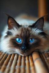 Aufkleber - A Balinese cat with its long, slender body, silky coat, and vivid blue eyes, lounging elegantly on a bamboo mat,
