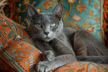 Aufkleber - A Korat cat with its silver-blue coat and luminous green eyes, sitting regally on a traditional Thai silk cushion,