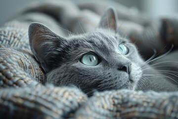 Aufkleber - A Korat cat with its silver-blue coat and luminous green eyes, sitting regally on a traditional Thai silk cushion,