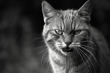 Aufkleber - An angry cat with narrowed eyes and flattened ears, hissing or baring its teeth,
