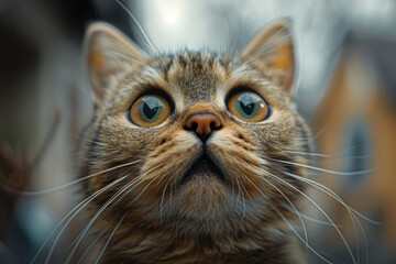 Aufkleber - A surprised cat with wide, round eyes and raised eyebrows, caught in an unexpected moment,