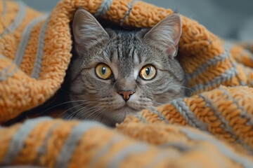 Aufkleber - A scared cat with dilated pupils and ears flat against its head, hiding under a blanket,