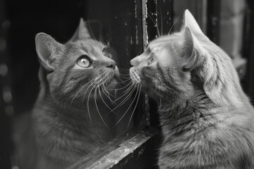 Poster - A jealous cat with a sidelong glare, watching another pet get attention,