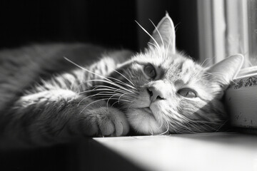 Poster - A bored cat with a blank expression and half-closed eyes, lying sprawled out,