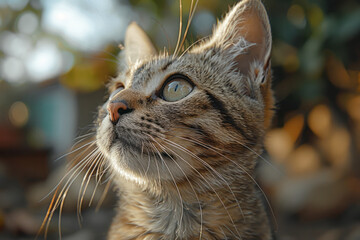 Aufkleber - A focused cat with intense eyes and ears pointed forward, staring intently at a moving object,