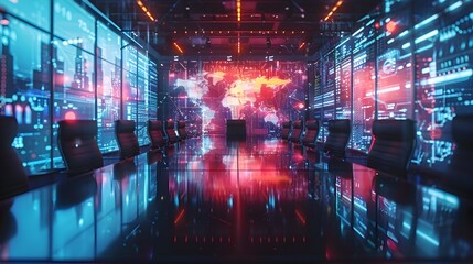 Poster - high tech conference room with holographic displays during virtual global business meeting