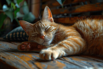 Poster - A bored cat with a blank expression and half-closed eyes, lying sprawled out,