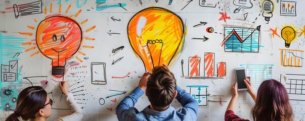 Poster - Creative Startup Team Brainstorming Ideas Using Digital Whiteboard App on Tablets and Smartphones for Technology Networking and Business Communication
