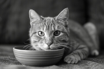 Poster - A patient cat with a calm expression and relaxed posture, waiting quietly by the food bowl,