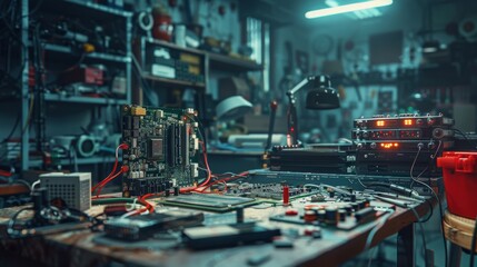 Wall Mural - A cluttered workbench with a computer monitor and a keyboard