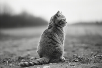 Poster - An annoyed cat with narrowed eyes and a flicking tail, sitting with its back turned,