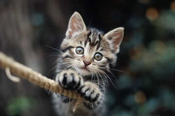 Poster - A playful kitten with bright, eager eyes and a wide grin, pouncing on a piece of string,