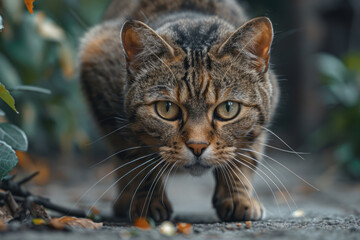 Poster - A cautious cat with wary eyes and a low, stealthy posture, creeping towards something new,