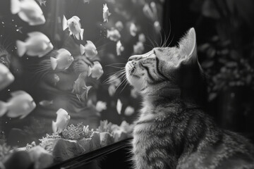 Poster - An intrigued cat watching fish swim on a large flat-screen TV, pawing at the screen,