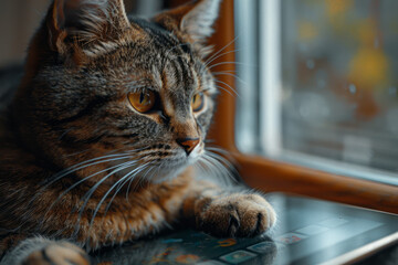 Poster - A cat curiously tapping at a tablet screen, chasing a digital mouse in a game app,