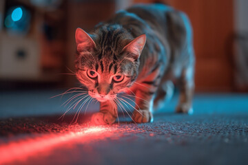 Poster - A cat chasing a laser pointer controlled by a smartphone app, darting around the room,