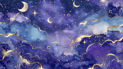 Wall Mural - cresent moon in starry night sky in watercolor illustration and geometric patterns for wallpaper and