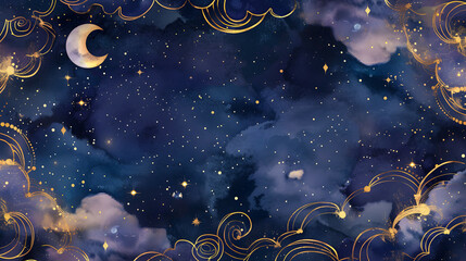Wall Mural - cresent moon in starry night sky in watercolor illustration and geometric patterns for wallpaper and