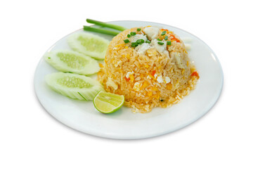 Wall Mural - Top view of seafood fried rice with crab, focus selective