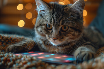 Poster - A cat using a pet-friendly touchscreen game, tapping at moving shapes on a tablet,