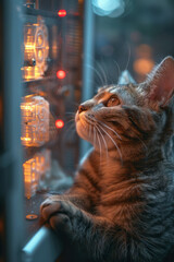 Poster - A cat lying next to a 3D printer, fascinated by the machineâ€™s movements and sounds,