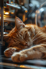 Poster - A cat lying next to a 3D printer, fascinated by the machineâ€™s movements and sounds,
