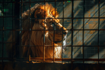 Aufkleber - Illustration of a majestic lion whose shadow is cast through the bars of a cage, creating an abstract pattern of confinement,