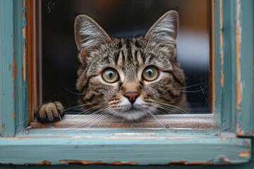 Poster - A cat peering into a smart pet door that scans microchips, trying to understand how it opens,