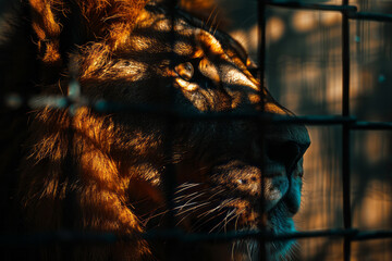 Leinwandbilder - Illustration of a majestic lion whose shadow is cast through the bars of a cage, creating an abstract pattern of confinement,