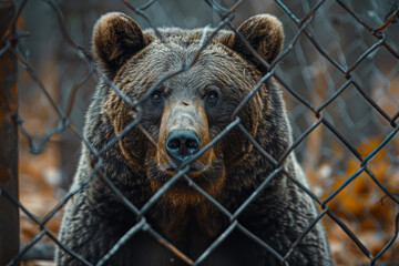Aufkleber - Scene of a bear peering through a fence, its powerful form abstracted by the grid pattern of the mesh,