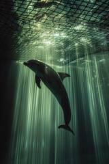 Poster - Abstract image of a dolphin swimming, with the outline of its body distorted by the rippling shadows of an underwater net,
