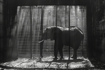 Poster - Illustration of an elephant standing in a pen, its massive shadow intersected by the lines of a fence, creating a sense of enclosure,