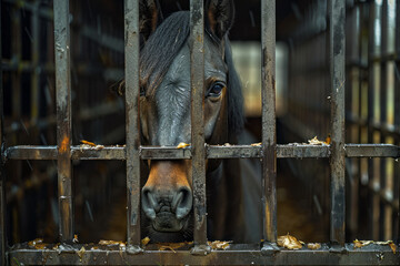 Poster - Artistic portrayal of a horse behind a stable gate, with its form reflected through a complex lattice of wooden slats,