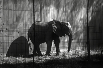 Poster - Illustration of an elephant standing in a pen, its massive shadow intersected by the lines of a fence, creating a sense of enclosure,