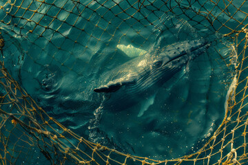 Poster - Illustration of a whale's shadow seen through the grid of a fishing net, creating a poignant sense of entrapment.