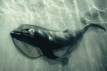 Aufkleber - Illustration of a whale's shadow seen through the grid of a fishing net, creating a poignant sense of entrapment.