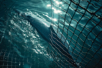 Poster - Illustration of a whale's shadow seen through the grid of a fishing net, creating a poignant sense of entrapment.