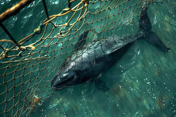 Poster - Illustration of a whale's shadow seen through the grid of a fishing net, creating a poignant sense of entrapment.