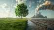 © Orxan - Compare a green tree and meadow with clear air to a factory emitting pollution and its effects on climate change, 3D illustration rendering