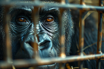 Poster - Scene of a gorilla behind the bars of a zoo enclosure, its reflection distorted by the grid pattern of the cage,