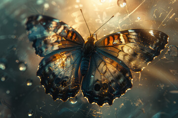 Leinwandbilder - Abstract image of a butterfly's wings, their delicate patterns intersected by the lines of a glass terrarium.