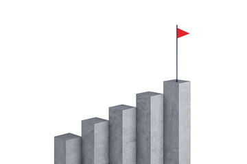 Poster - A series of ascending concrete bars with a red flag on top against a white background, symbolizing goal achievement or progress
