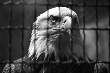 Leinwandbilder - Scene of an eagle in a sanctuary, its majestic wings reflected through the mesh of an aviary enclosure,