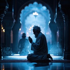 A man is praying in a dark room of the mosque, with a curved door frame on his right side. He knelt down and raised one hand in prayer, illuminated by a force of blue light from behind him.