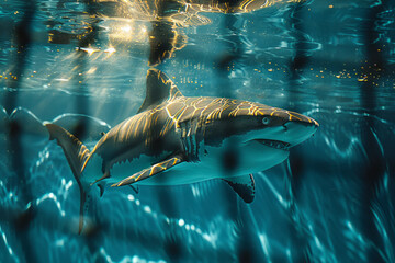 Aufkleber - Illustration of a shark swimming in an aquarium, its form distorted by the rippling lines of a netted barrier,