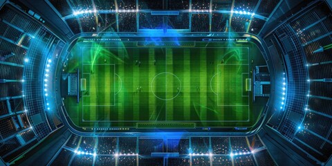 Wall Mural - Aerial top view Football stadium arena for match with spotlight. Soccer sport background, green grass field for competition champion match