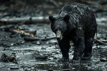 Poster - Scene of a bear with a silhouette that fades into fragments, emphasizing the loss of its natural habitat,